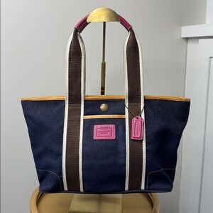 Coach Denim Hampton Weekender Tote with Pink Leather Accents 2004 4498 Y2K